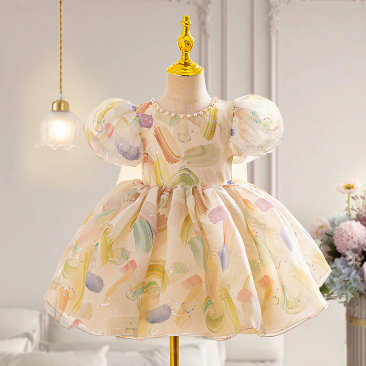 Baby Girl Colorful Puff Sleeves Toddler  First Communion Princess Dress