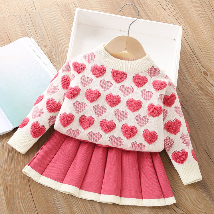 Grain Fleece Heart Knitted Pullover Two-piece Set