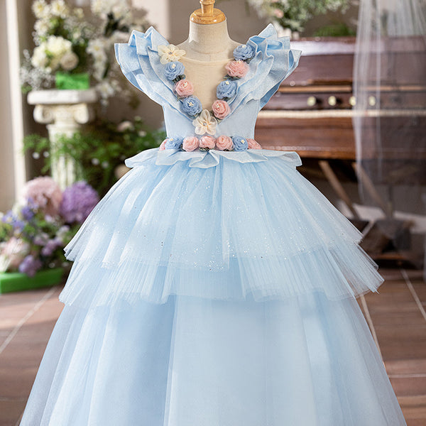 Girls Birthday Princess Dress Girls Blue Elegant Party Dress