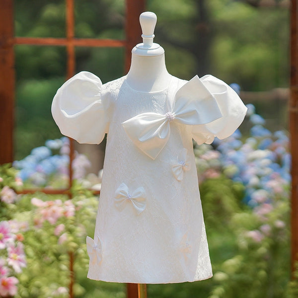 Elegant Baby Girls White Bow Flower Girl Dresses Toddler Birthday Dress