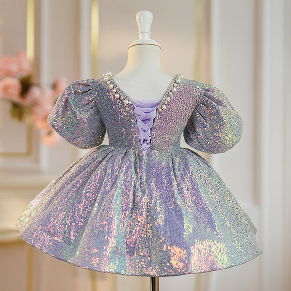 Elegant Baby Girls Purple Puff Sleeve Pearl Collar Puff Princess Dress Toddler Party Dresses