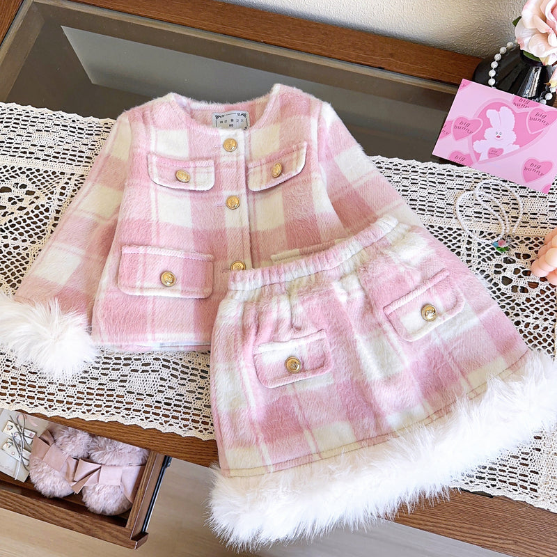 Girls Winter Plaid Fur Edge Coat Skirt Two-piece Set