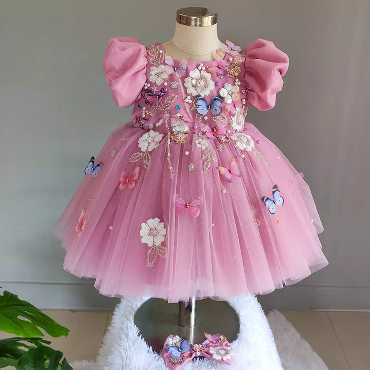 Girls Birthday Puff Sleeve Dress Baby Pink Princess Dress