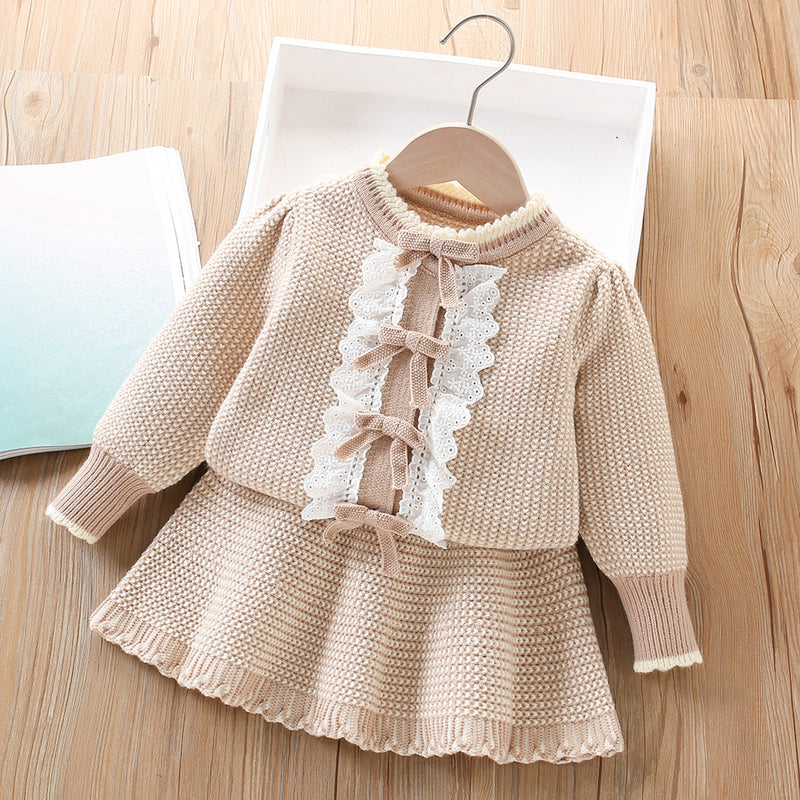 Baby Bow Knitted Long Sleeve Cardigan Two-Piece Set