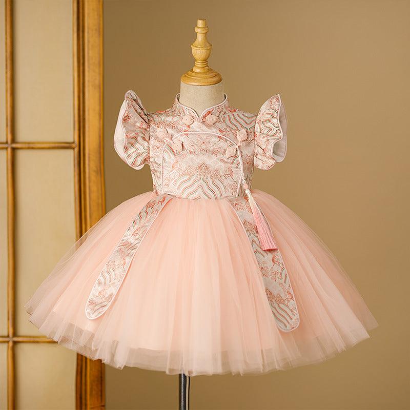 Cute Baby Girls Pink Stand-up Collar Pattern Dress Dress Toddler Birthday Princess Dress