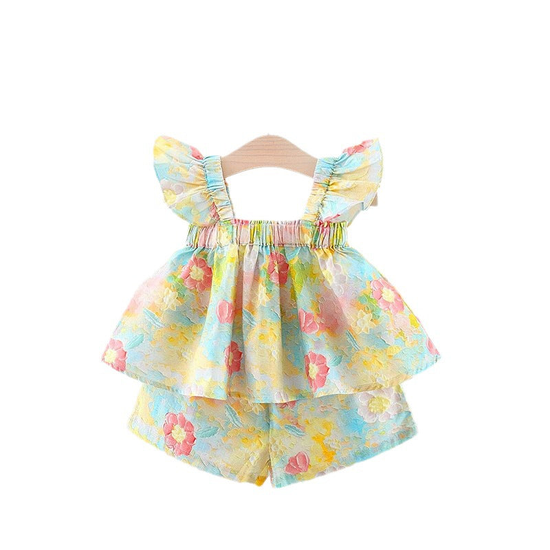 Baby Girls Set Printed Sling Fly Sleeve Princess Dress