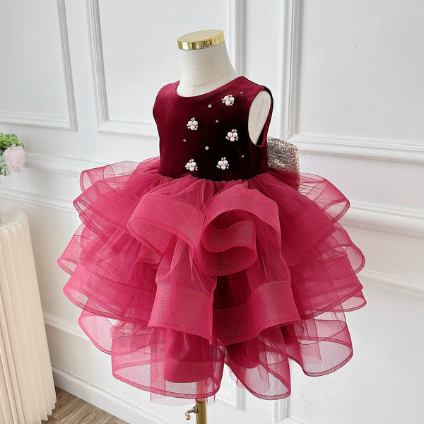 Girls Wine Red Velvet Dress Luxury Cake Dress Toddler Birthday Dress