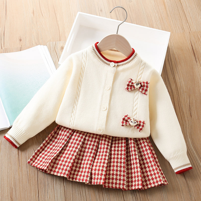 Girls Knitted Cardigan Plaid Skirt Sweater Two-piece Set