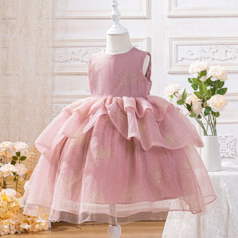 Girls Pink Mesh Princess Dress Sleeveless Puffy Dress Sequin Birthday  Dress