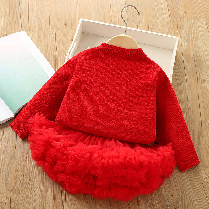 Cute Christmas Winter Girls Sweater Set Cardigan Tutu Skirt Two-piece Set