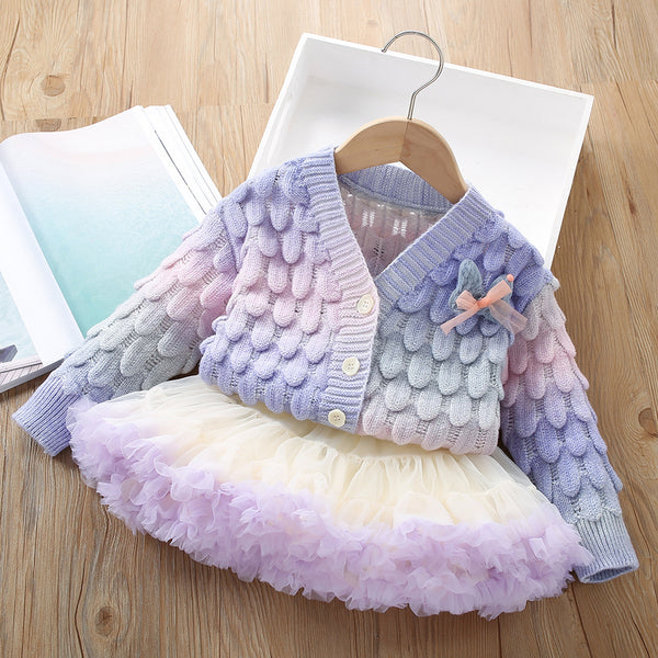 Cute Winter Girls Sweater Set Cardigan Tutu Skirt Two-piece Set