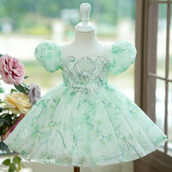 Mint Green Baby Birthday Dress Puff Sleeve Princess Dress