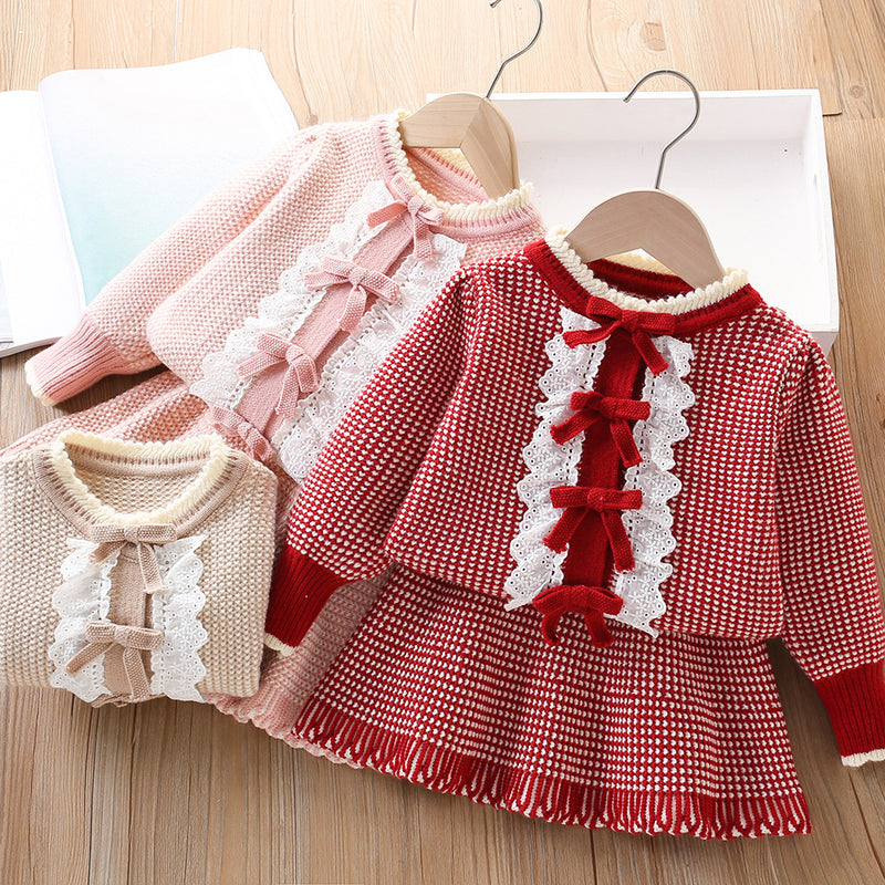 Baby Bow Knitted Long Sleeve Cardigan Two-Piece Set