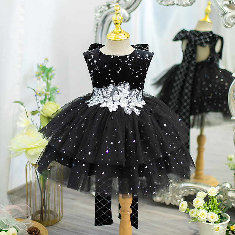 Children's Black Birthday Dress Girls Sleeveless Puffy Princess Dress