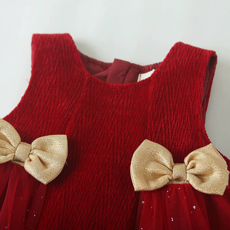 Girls Birthday Red Vest Dress Children's Bow Princess Dress