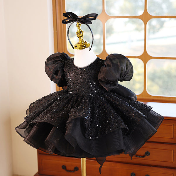 Children's Black Birthday Dress Girls Puff Sleeve Princess Dress