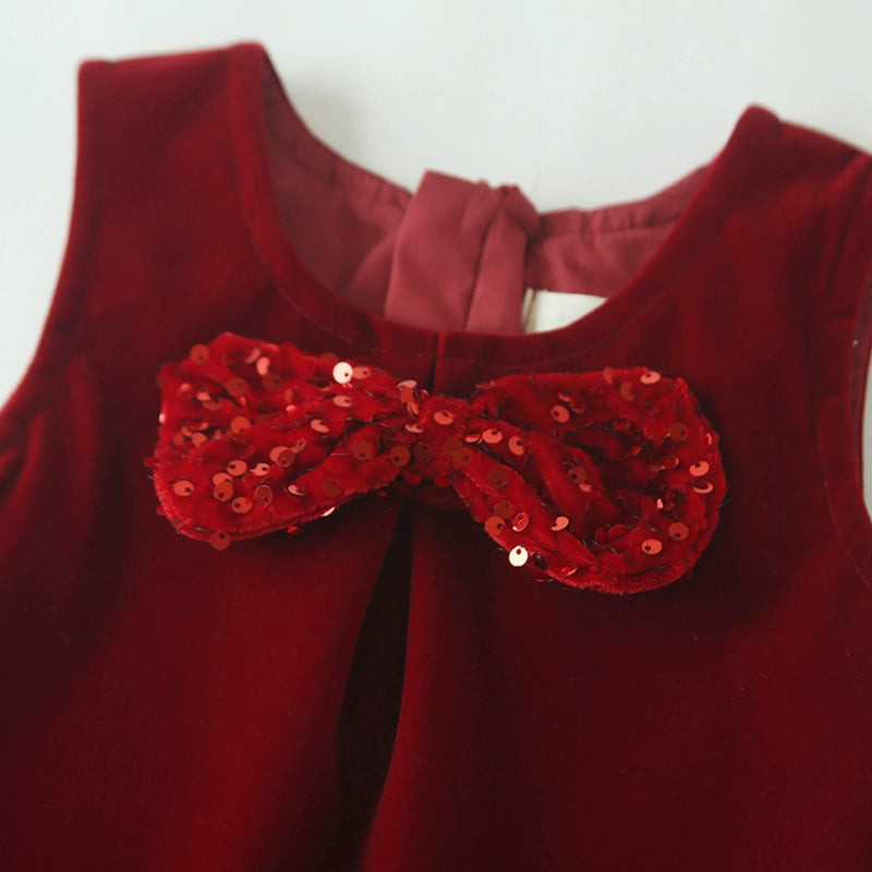 Baby Red Sequin Bow Dress Children's Velvet Vest Dress