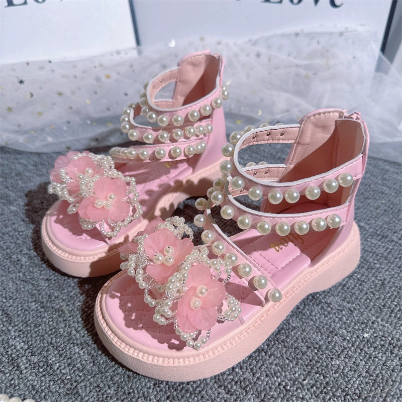 Summer Soft Bottom Princess Flower Pearl Sandals Beach Roman Shoes