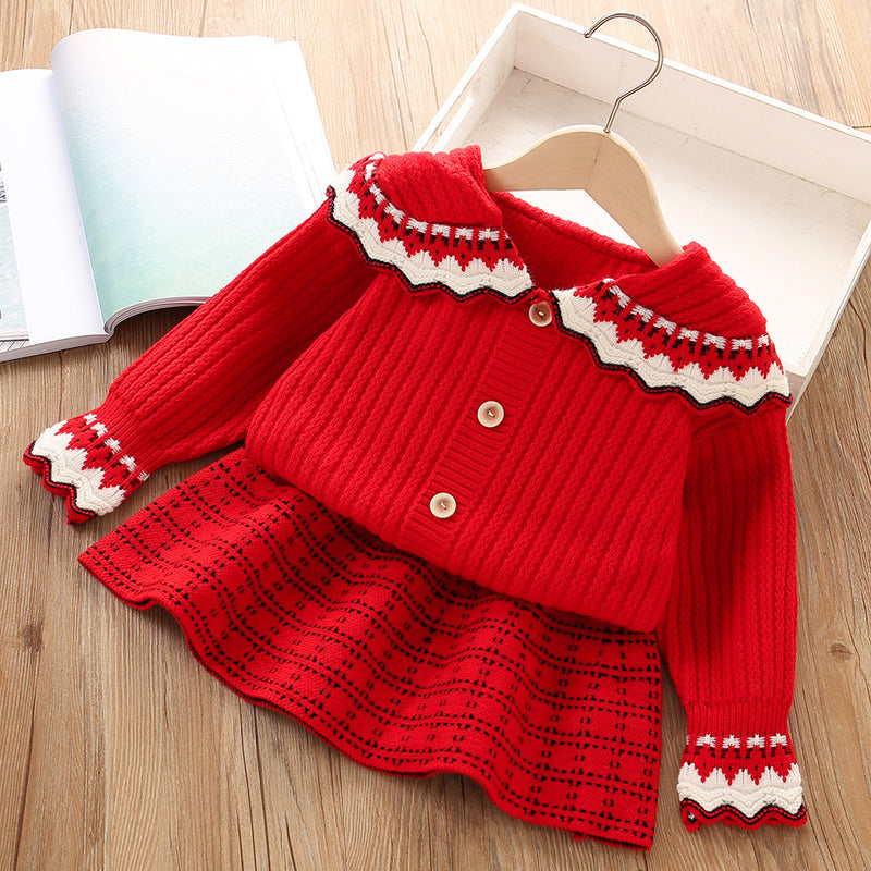 Lapel Knitted Cardigan Girls Sweater Two Piece Set