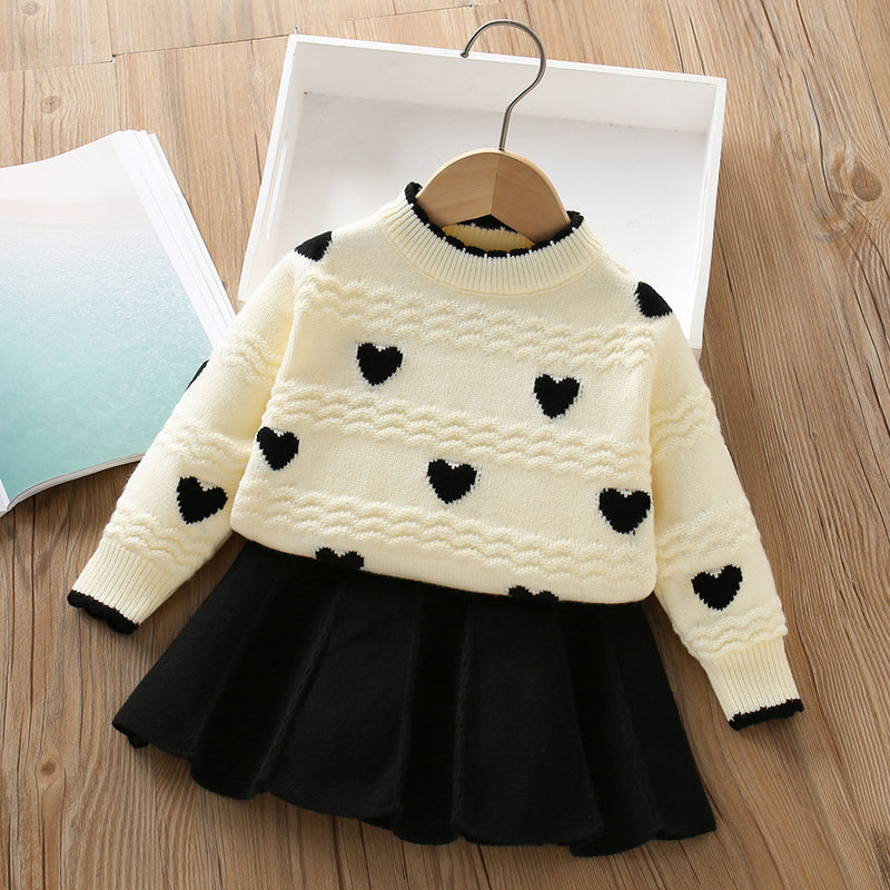 Baby Heart Knitted Girls Sweater Two-piece Set