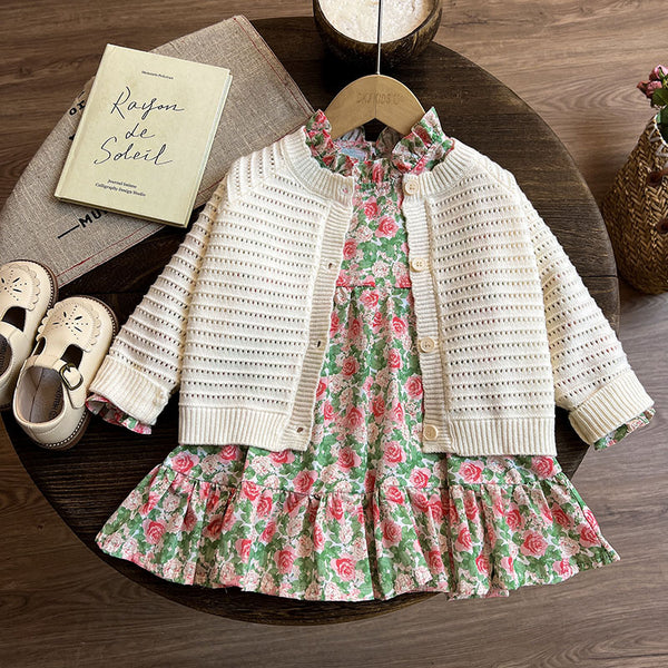 Girls Spring Suit Children's Sweater Coat Dress Two-piece Suit