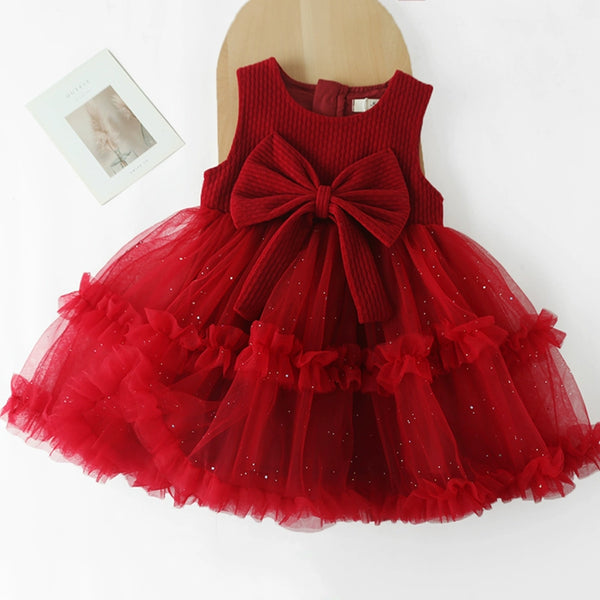 Girls Red Bow Vest Dress Baby Birthday Princess Dress