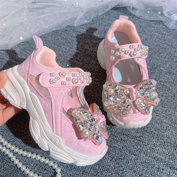 Girls Mesh Hollow Sneakers Pearl Bow Pink Shoes