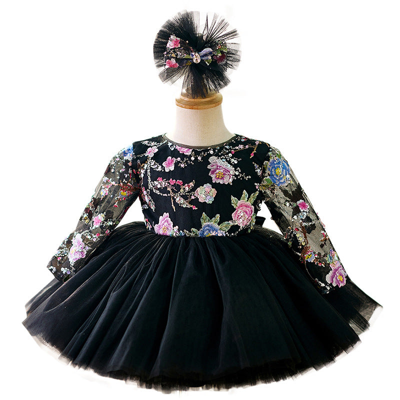 Flower Girl Dress Black Embroidered Christmas Dress Girls Birthday Ball Gown