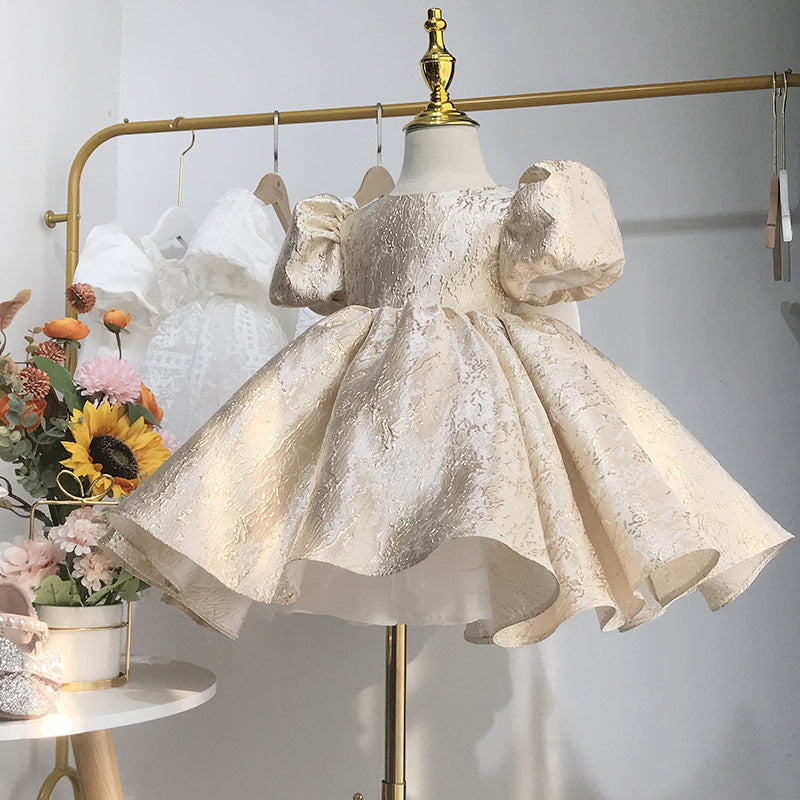 Elegant Baby Girl Satin Puff Sleeve Bow Birthday Princess Dress Show Dress