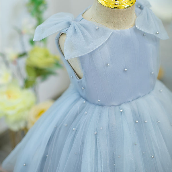 Elegant Baby Girls Blue Bow Flower Girl Dresses Toddler Ball Gowns
