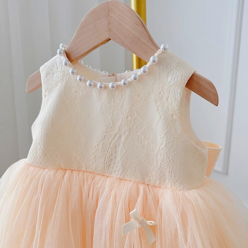 Cute Baby Champagne Bow Fluffy Gauze Dress Toddler Birthday Party Dress