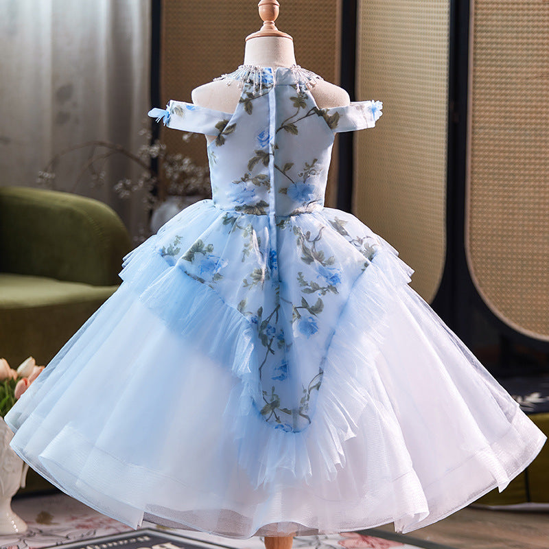 Blue Princess Dress with Flower Embroidery Birthday Dress