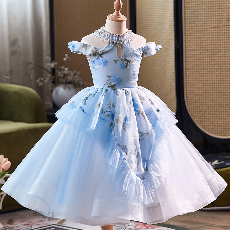 Blue Princess Dress with Flower Embroidery Birthday Dress