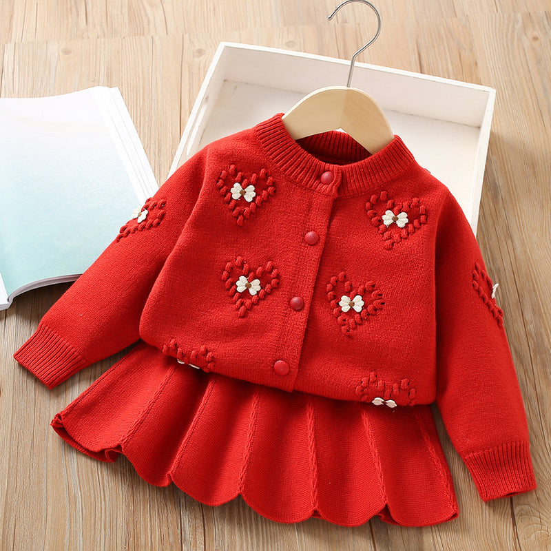 Girls Solid Color Sweater Knitted Princess Two Piece Set