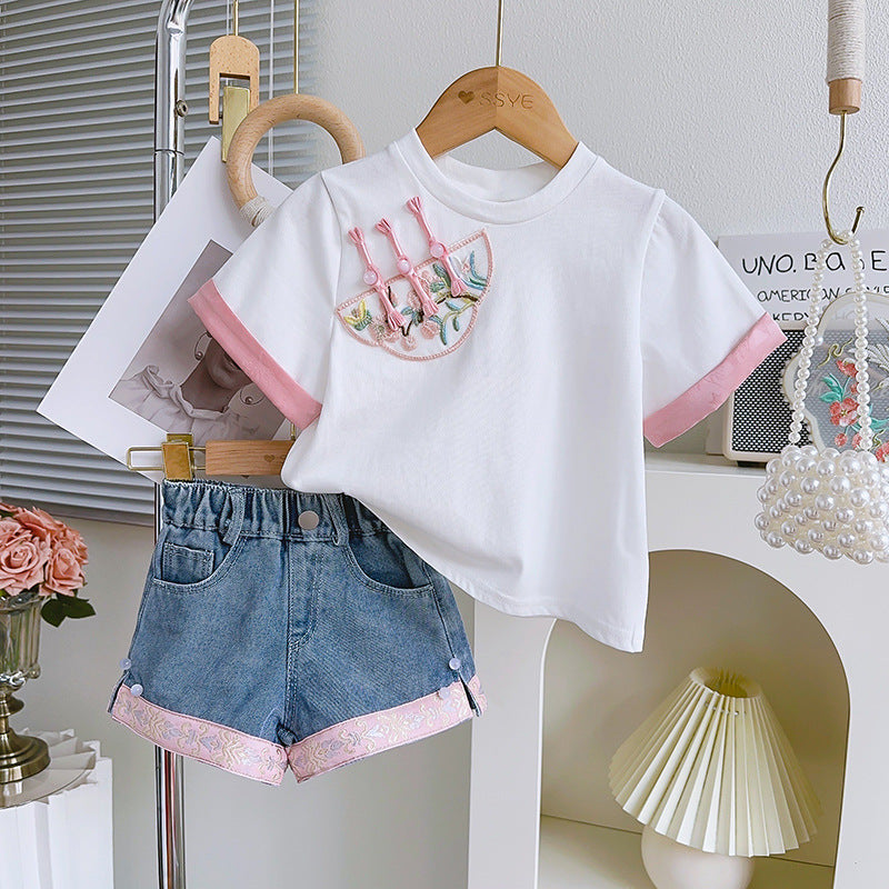 Buttoned Top and Denim Shorts Two-piece Set