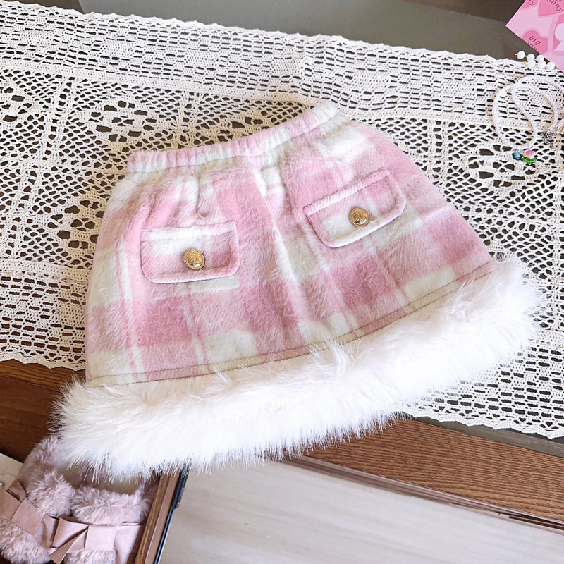 Girls Winter Plaid Fur Edge Coat Skirt Two-piece Set