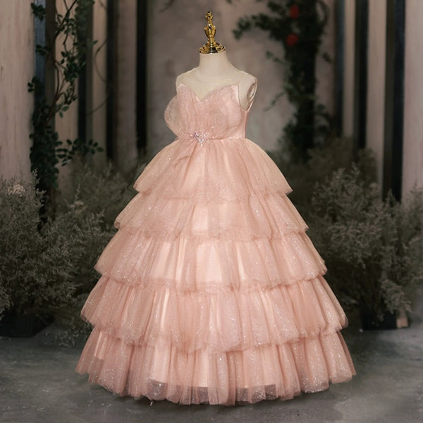 Elegant Baby Girls Sleeveless Tulle Ball Dresses Toddler Pink Pageant Dresses