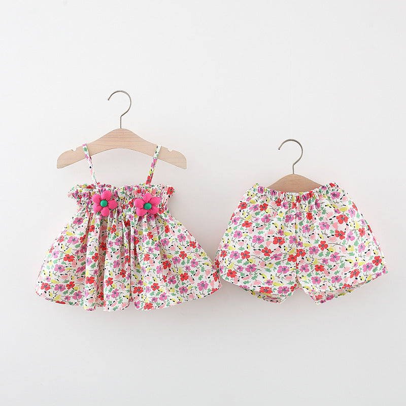 Girls Holiday Style Baby Floral Sling Two-piece Children's Clothing