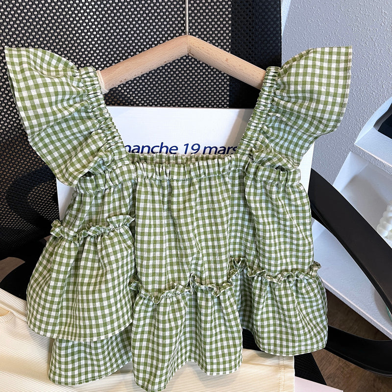 2024 New Girls Summer Suit Plaid Suspender Two-piece Set