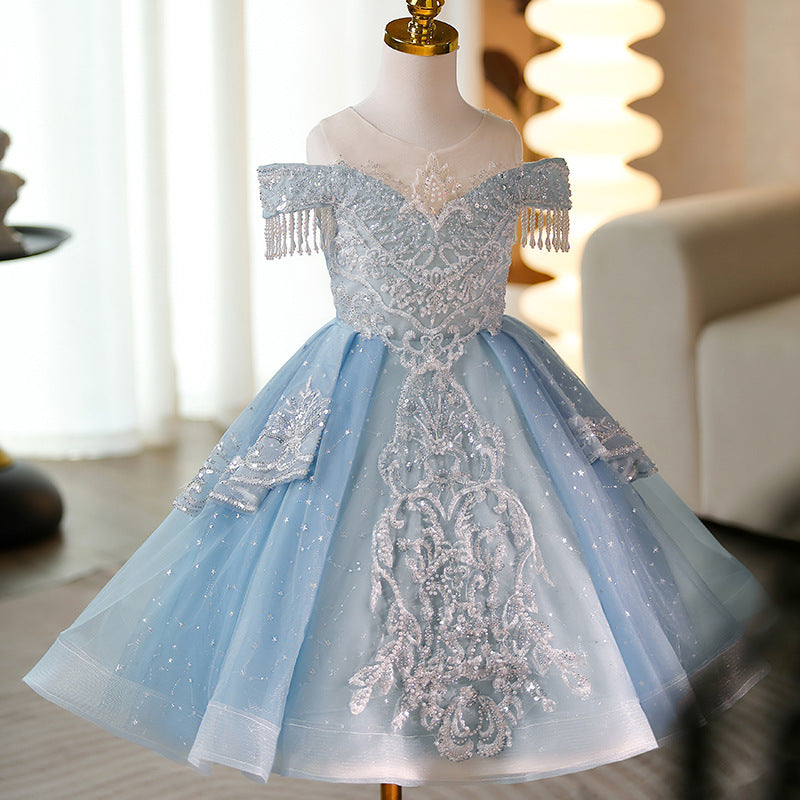 Cute Baby Girl Puffy Blue Sequins Dress Toddler Birthday Party Princess Dress