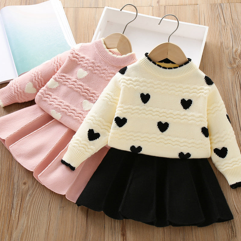 Baby Heart Knitted Girls Sweater Two-piece Set