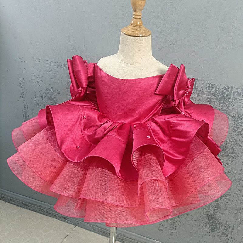 Elegant Baby Girl Rose Red Bow Sleeve Dress Toddler Communion Princess Dress