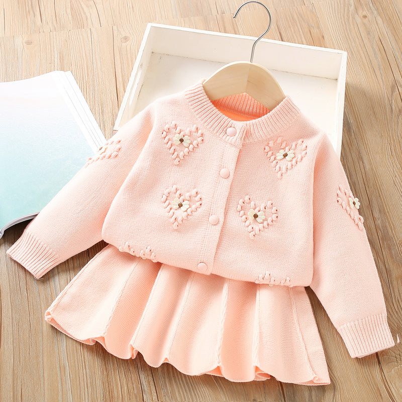 Girls Solid Color Sweater Knitted Princess Two Piece Set