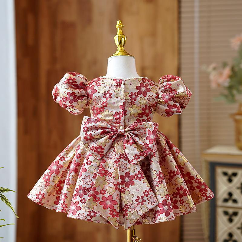 Elegant Baby Girls Red Floral Bow First Year Dress Girls Pageant Dresses