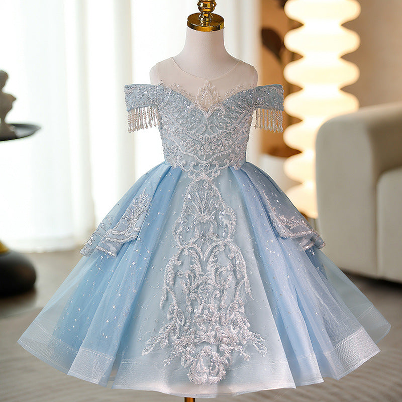 Cute Baby Girl Puffy Blue Sequins Dress Toddler Birthday Party Princess Dress