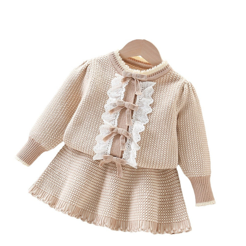 Baby Bow Knitted Long Sleeve Cardigan Two-Piece Set