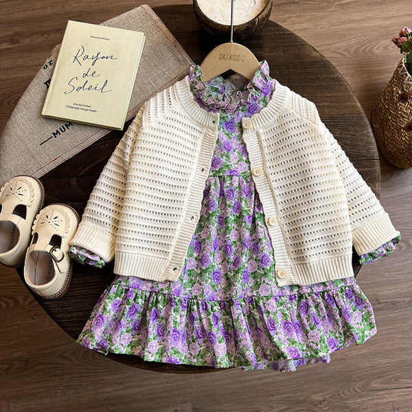 Girls Spring Suit Children's Sweater Coat Dress Two-piece Suit