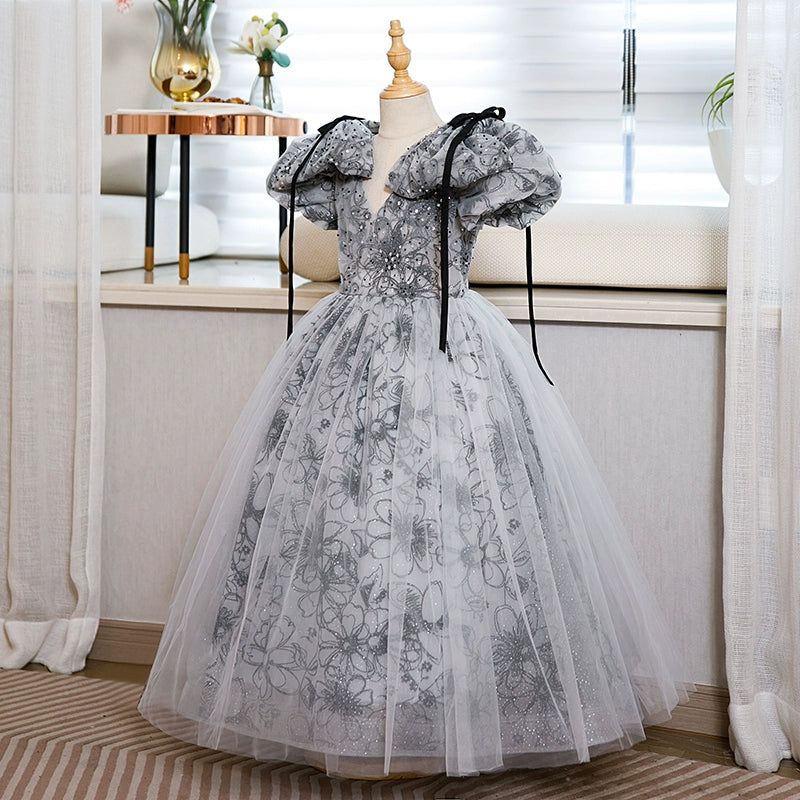 Elegant Baby Girls Puff Sleeve Floral Evening Dress Toddler Ball Gowns