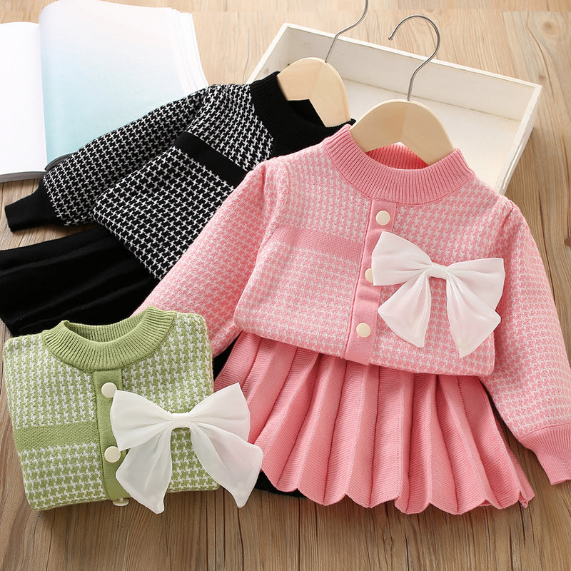 Bow Knitted Long Sleeve Princess Sweater Two-piece Set