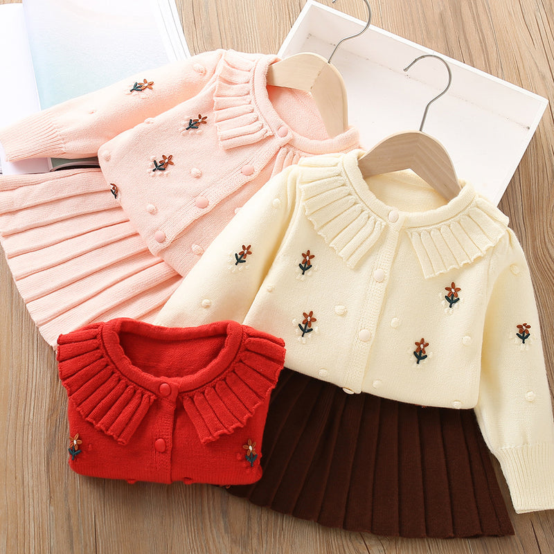 Girls Sweater Flower Knitted Long Sleeve Cardigan Two-piece Set